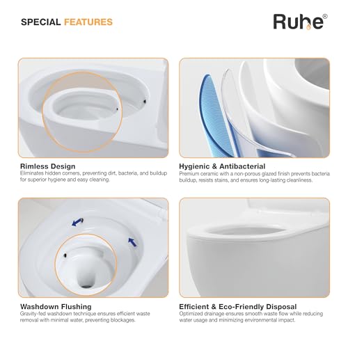 Image of Ruhe Summer Wall-Hung Rimless Western Commode with Siphonic Flushing System | P-Trap | 20 x 14.3 x 13.3 inches | Ceramic White Glossy Finish, Space-Saving Design | Includes Soft-Close Seat Cover