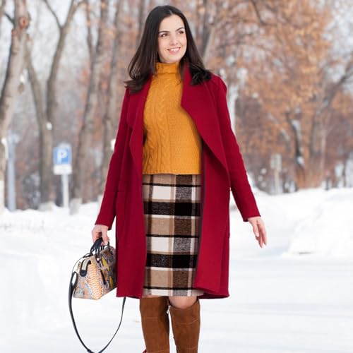 Coume 2 Pack Womens Wool Midi Plaid Skirts 2025 Fall Winter Pencil Knee Length High Waisted Bodycon Skirt with Slit(Brown, Dark Khaki,M)