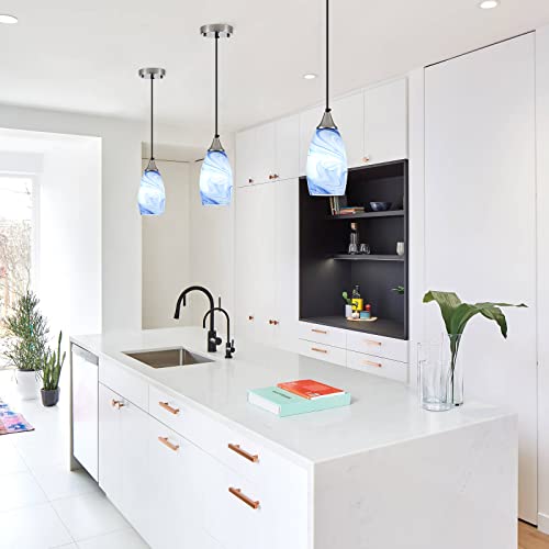 Glass Pendant Light With Handblown Blue Marble Art Glass Shade Adjustable Cord Modern Lamp Ceiling Pendant Light Fixture For Dining Room, Kitchen,Foyer, Hallway (Blue Marble, 1-Light) #TOP3