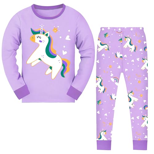 JinBei Niña Pijamas Manga Larga Infantil Algodón Conjunto Cómodo 2 Piezas Top y Pantalon Morado Animal Caballo Estampado Pijama Primavera Otoño Invierno Ropa Regalo para Niña 5 6 Años