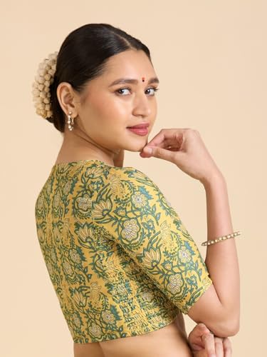 Image of Studio Shringaar Women's Yellow Cotton Printed Side Stretch (Smocked) Readymade Saree Blouse