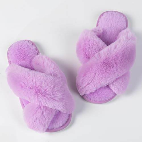 Image of Enteer Women's Slipper Memory Foam Cross Band Fuzzy Slippers Open Toe Cozy House Slippers Cozy Plush Bedroom Indoor Outdoor