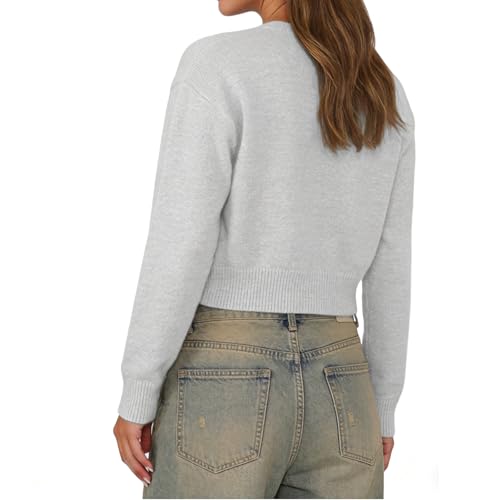 Image of Women Y2K Button Front Crop Sweater Cardigan Solid Color Crew Neck Long Sleeve Knit Fall Tops Streetwear