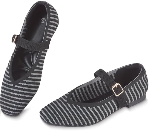 Knit Flats for Women Square Toe Ballet Flats with Strap, Washable Women Dressy Ballet Mary Jane Shoes for Work Office Casual Knit Slip On Shoes Low Heel