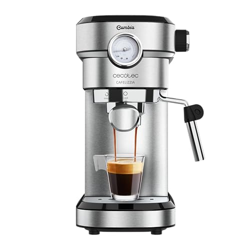 Cecotec Cafetera para Espressos y Cappuccino Cafelizzia 790 Steel Pro. 1350W, Manometro, Sistema Thermoblock, 20 Bares, Modo Auto para 1-2 Cafés, Vaporizador Orientable, 1.1L, Color Acero