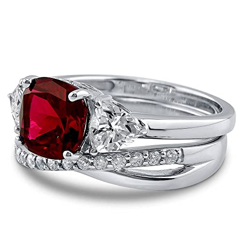 BERRICLE Sterling Silver 3-Stone Wedding Engagement Rings 3 Carat Simulated Ruby Cushion Cut Cubic Zirconia CZ Infinity Ring Set for Women, Rhodium Plated3