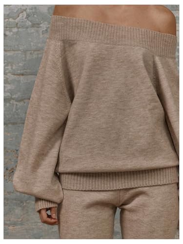 Women's Off The Shoulder Sweaters Bishop Sleeve Cuffed Hem Jumper Pullovers Knit Tops4