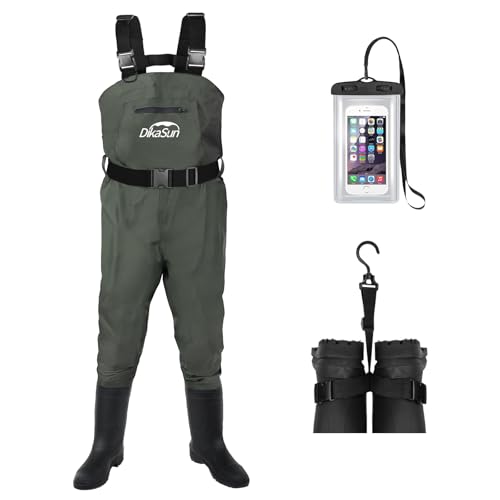 DikaSun Fishing Waders for Men & Women Waterproof 2-Ply Nylon/PVC Chest Wader with Boots for Outdoor Sizes 4-13 Bootfoot(Green M10/W12)