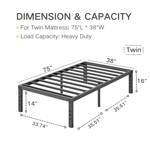 COMASACH Twin Size Bed Frame 16\" Tall Heavy Duty, Metal Platform Bed Frame,Sturdy Steel Frame,No Box Spring Needed,Noise-Free,Easy Assembly - Thumbnail 2
