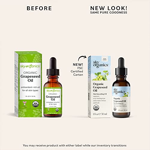 Sky Organics Organic Grapeseed Oil For Face, 100% Pure & Cold-Pressed Usda Certified Organic To Moisturize, Clarify & Brighten, 1 Fl Oz #TOP2
