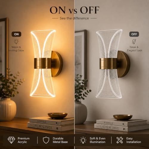 Image of Modern LED Mesh Design Wall Sconce Light, 12W, 3 Color Modes,Gold Finish, 23cm Acrylic Modern Wall Light (Pack of 2)