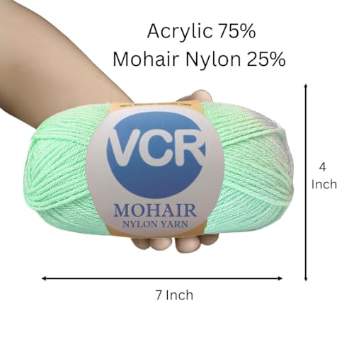 Image of VCR Mohair Nylon Mint Green Yarn, 100 Grams Hank, 196 Meters Length, Acrylic 75%, Mohair Nylon 25%, Pack of 1 Yarn, Soft Crosia Threads, Suitable for Winter Garments.