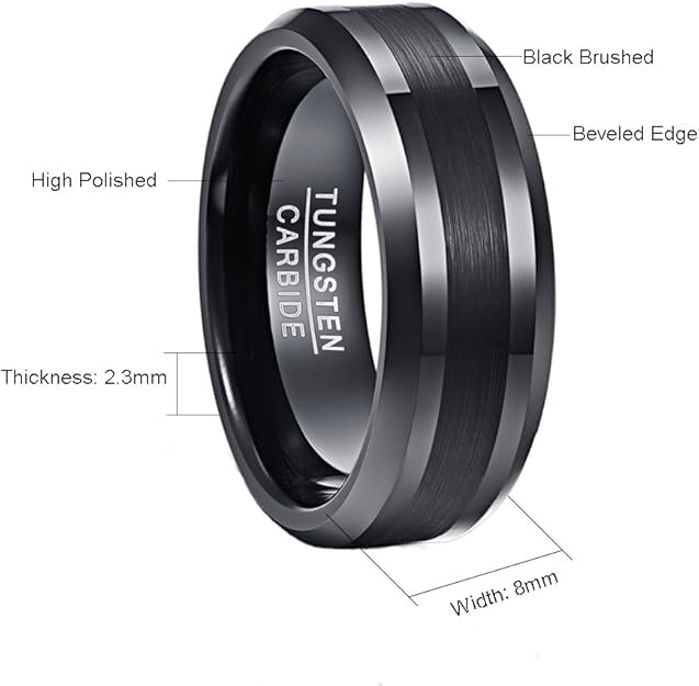 Personalized Tungsten Ring for Men 8mm Black Plated Tungsten Engagement Wedding Band Polished Finish Customized Promise Ring Comfort Fit Size 7-134