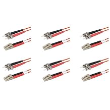 SpeedyFiberTX 6-Pack 2 Meter ST to LC Fiber Optic Patch Cable, Red and Black Boots, Corning InfiniCor Multimode OM1 62.5/125um Optical Fiber, Duplex Orange Riser OFNR Cable Jacket