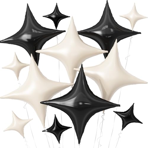 Image of Black White Star Balloons,12Pcs Four Angle Star Foil Balloons | 26Inch and 10Inch Black White Quadrangle Star Helium Balloon for Birthday Baby Shower Wedding Party Decorations
