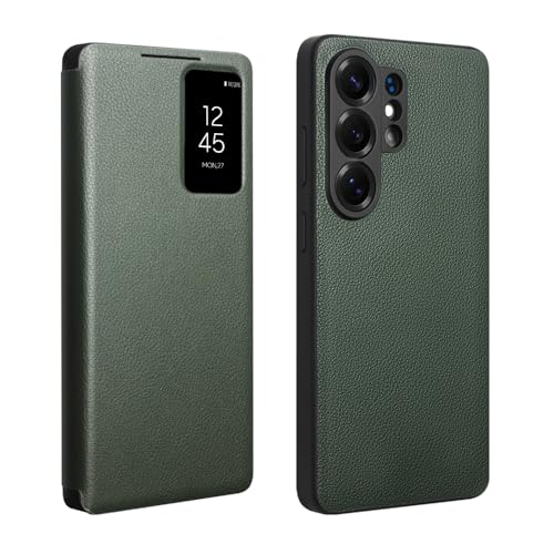 Étui en cuir véritable pour S26 Ultra vert avec rabat intelligent haut de gamme