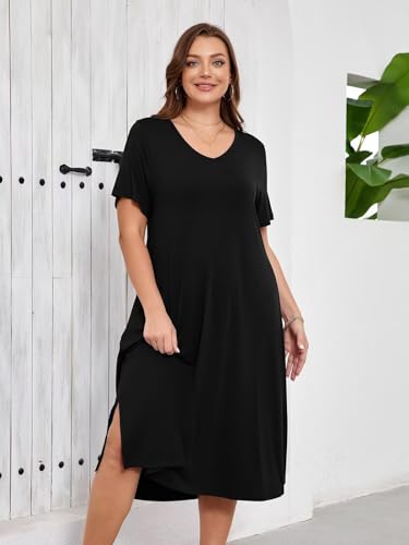 BELAROI Women Plus Size Dresses Summer Casual Flowy Midi Long Tshirt Dress V Neck Sundress Beach Cover Ups Pockets2
