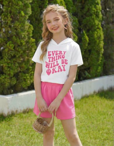 Image of Girls Summer Outfits Kids Hooded-Shirts and Elastic Waist Shorts Sets | short sleeve drop shoulder hooded shirt and shorts with two pockets tie dye leopard letter
