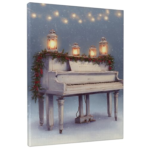 Stampa artistica da parete in tela con pianoforte, decorazione da parete per cucina, stile rustico, vintage, lanterne, ghirlanda, inverno, bianco, da appendere, per casa, camera da letto, soggiorno