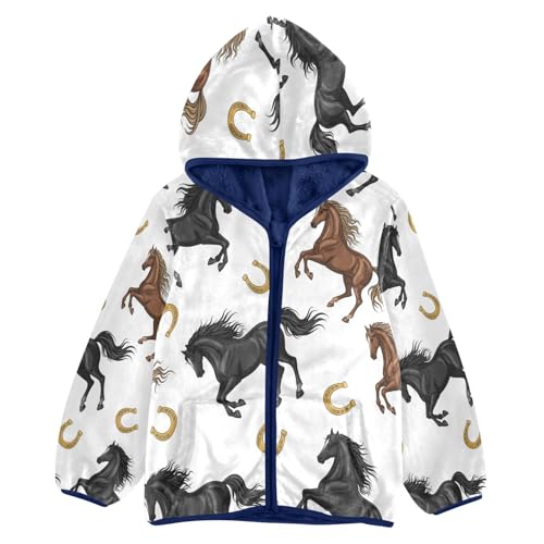 Horse and Horseshoe Pattern Toddler Fleece Jacket Girl Boys Hooded Fleece Jacket Coat Warm Outwear Zip-up 3-10T