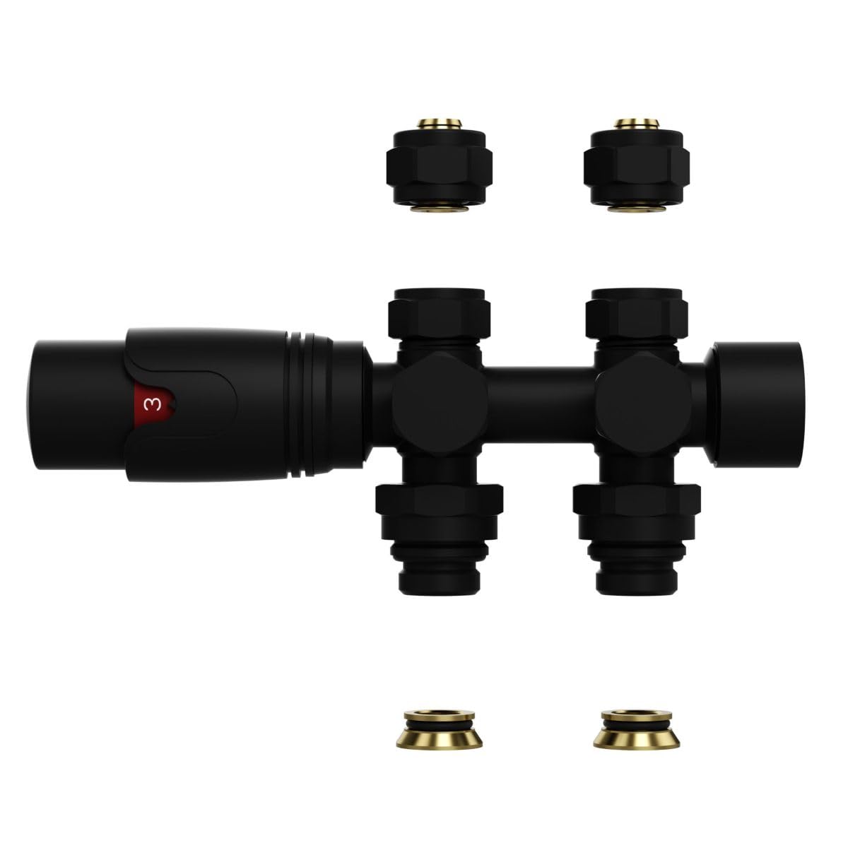 Belvit Válvula de radiador con termostato, conector de 1/2", PEX 16 x 2 mm, cono M30, para conexión a pared y conexión al suelo, válvula de calefacción para radiador, color negro mate