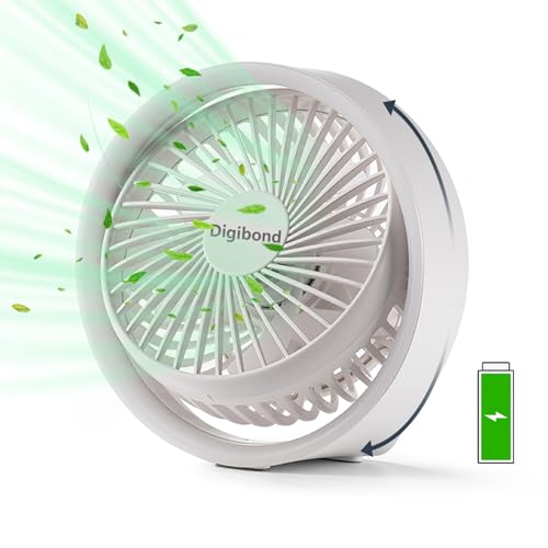 Digibond Small Desk Fan, Ultra Quite USB Fan Portable 3000mAh Rechargeable Battery Operate, High Power 3 Speed 5.3in With Ambient Light/Hook 180°Rotated Easy Clean (White)