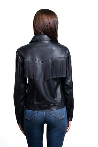 Wrangler Women’s Faux Leather Fringe Trucker Jacket Black.3