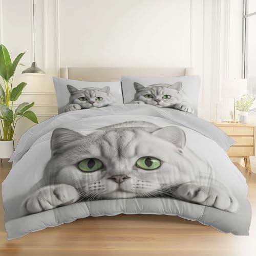 Housse de Couette 200 x 200 cm, Gris Argenté, Moderne Parure de lit 2 Personnes en Microfibre avec Fermeture Éclair et 2 Taies 65x65 cm, Chat Domestique...