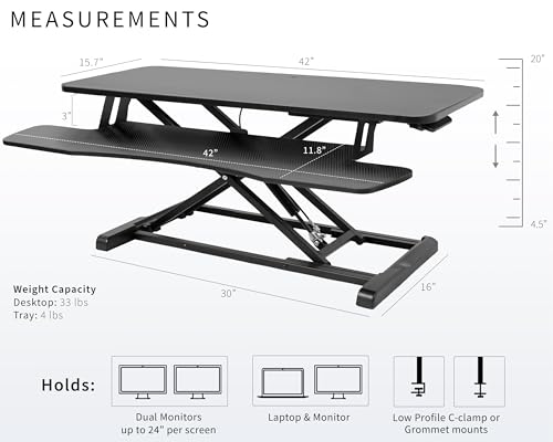 Image of VIVO 42 inch Desk Converter, K Series, Height Adjustable Sit to Stand Riser, Dual Monitor and Laptop Workstation with Wide Keyboard Tray, Black Carbon Fiber Top, Black Frame, DESK-V042KR