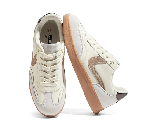 LUCKY STEP Women's Classic Fashion Casual Sneakers Skate Shoes No Slip Lace Up Walking Shoes(8 M US Beige/Grey Suede)