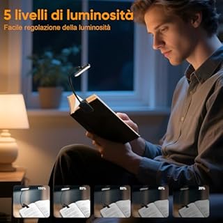 karidi Lampada da Lettura con Clip Ricaricabile, 24 LED 3 Temperature di Luce, 5 Livelli Luminosità, 360° Regolabile, Batteria 1000mAh USB-C - Ideale per Letto, Libri e adulti (nero, standard)