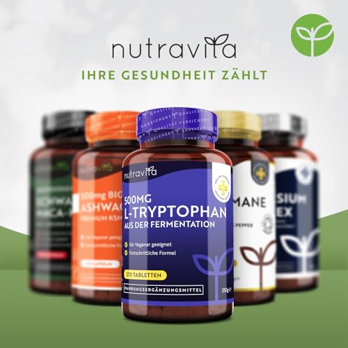 L-Tryptophan 500mg Hochdosiert - 270 Vegane Tabletten - Aus Pflanzlicher Fermentation - Premium Qualität L Tryptophan - Ohne Synthetische Bindemittel und Füllstoffe - Hergestellt von Nutravita