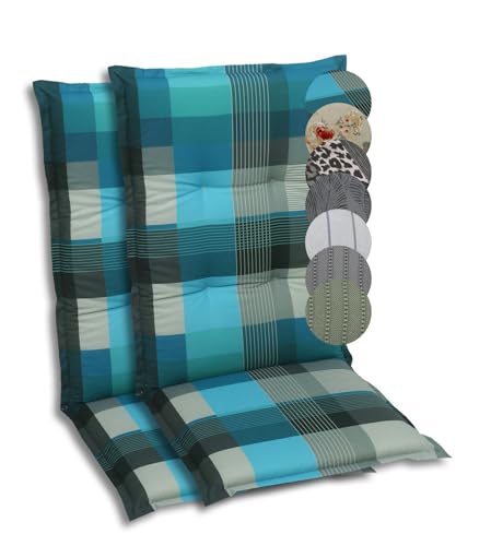GO-DE Textil Bequeme und attraktive Polsterauflagen für Mittellehner-Gartenstühle (2er-Set, Karo Petrol/Grau, Mittellehner)