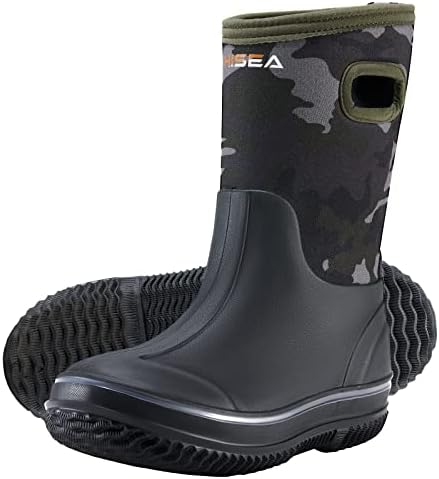 HISEA Kids Rain Boots for Boys Girls, Waterproof Insulated Rubber Neoprene Boots, Seamless Outdoor Boots with Handles Rainboot All Weather Mud Boots for Rain, Snow, Winter and Muck, Size 4BK Green Camo