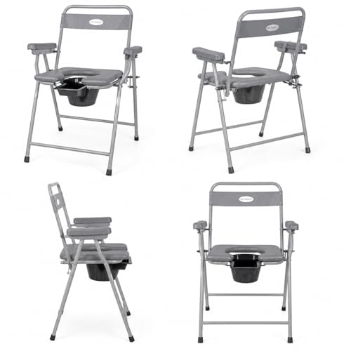 Image of Premium Folding Powder Coated Metal Steel Shower Bathing Room Mobile Commode Chair Indian Toilet Seat For Elderly Disabled Man and Pregant Women Support Safe Chair Anti-Slip (Grey)