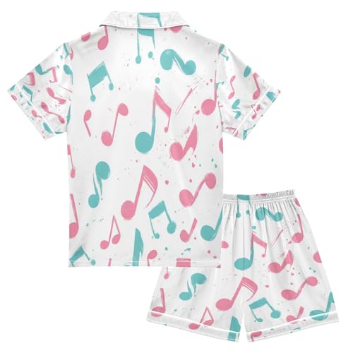 Satin Pajama Sets Short Sleeve Musical Notes in Colors Button Down Silky Nightwear 2 Piece PJS 5-14Y2