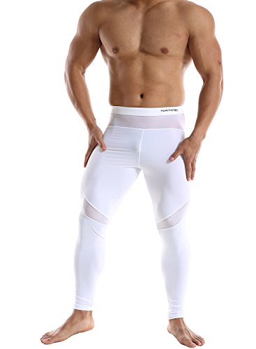 Ouber Men's Sports Tight Pants Nylon Base Layer Leggings with Mesh Panels (S,White)