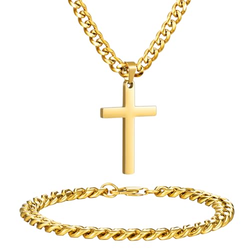 NORBU Stainless Steel Cross Necklace and Bracelet Set for Men, Cuban Link Chains 18