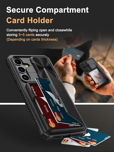 Image of Vihibii for Samsung Galaxy S24+ Back Cover with Card Holder (4 Cards) & Slide Camera Cover & Kickstand, Shockproof Rugged Hard Back & TPU Soft Edge Case for Galaxy S24 Plus, Black