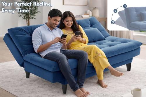 Image of Rosebell Modern 3-Seater Sofa Cum Bed Foldable Velevt Fabric Sofa, Seating, Stylish Design for Living Room, Guest Room & Office-Blue-Color