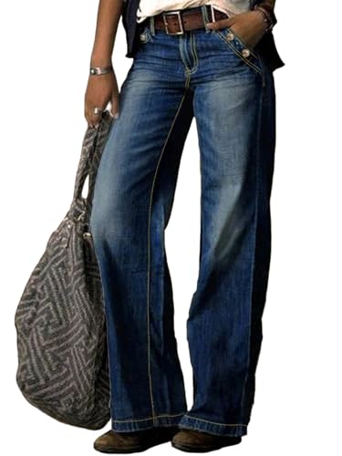 Jeans for Women Straight Leg Bootcut mid Waisted Long Denim Pants Boyfriend Trendy Pockets Double Breasted Stitching