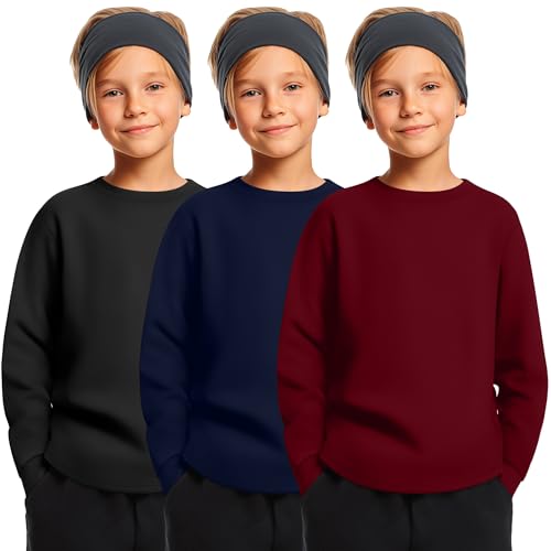 3 Pack Long Sleeve Shirts for Boy Crewneck Cotton Youth Undershirts Loose Kids Tops Fall Basic Tee Pullover