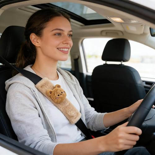 Image of Baby Car Seat Neck Cover, Baby Strap Pad, Car Seat Strap Cover, Car Seat Belt Cover Boy Girl, Baby Neck Pad, Car Strap Pad Fleece, Belt Pad Plush Doll, Seat Belt Pads (Bear Doll in Brown Fleece)