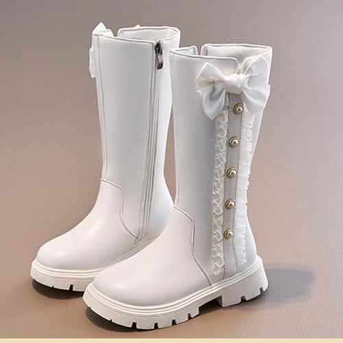 Girls Winter Mid Calf Side Zipper Leather Boots Pearl Bowknot Princess Boots2