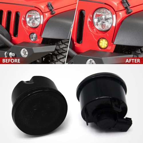 Image of Turn Signal Lights Smoked Lens for Jeep Wrangler 2007-2018 JK JKU | Amber LED Front Blinkers Grill Indicator Parking Lamp (Honycomb Style)