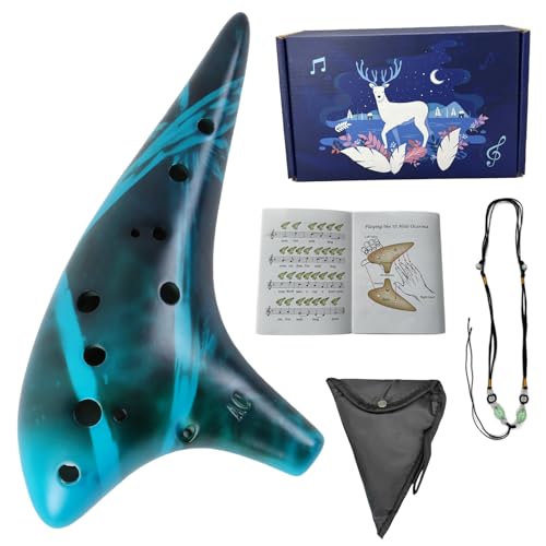 Instrumentos de viento, los 7 más caros del mercado Mulucky Ocarina - Ocarina de cerámica de 12 agujeros Alto C ahumada con pajilla ahumada con libro de canciones para principiantes, color azul