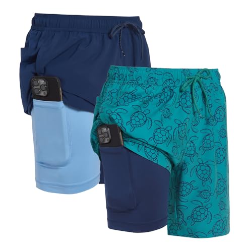 Mens 2 Pack Swim Trunks with Compression Liner Anti Chafing 7 inch Inseam Stretch Quick Dry Swim Shorts with Phone Pocket