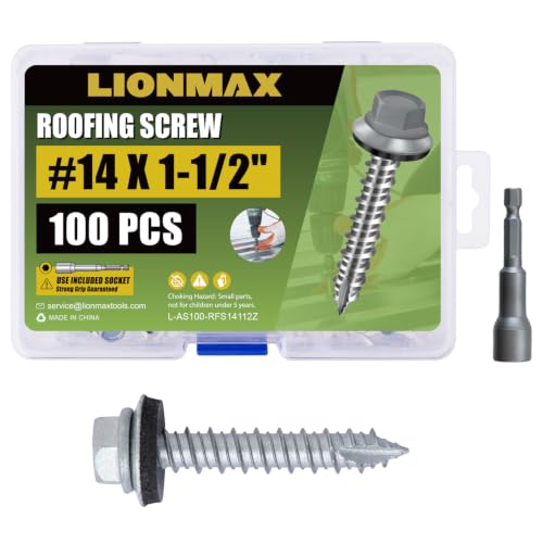 LIONMAX Metal Roofing Screws #14 x 1-1/2 Inch, 100PCS, with Rubber Washer