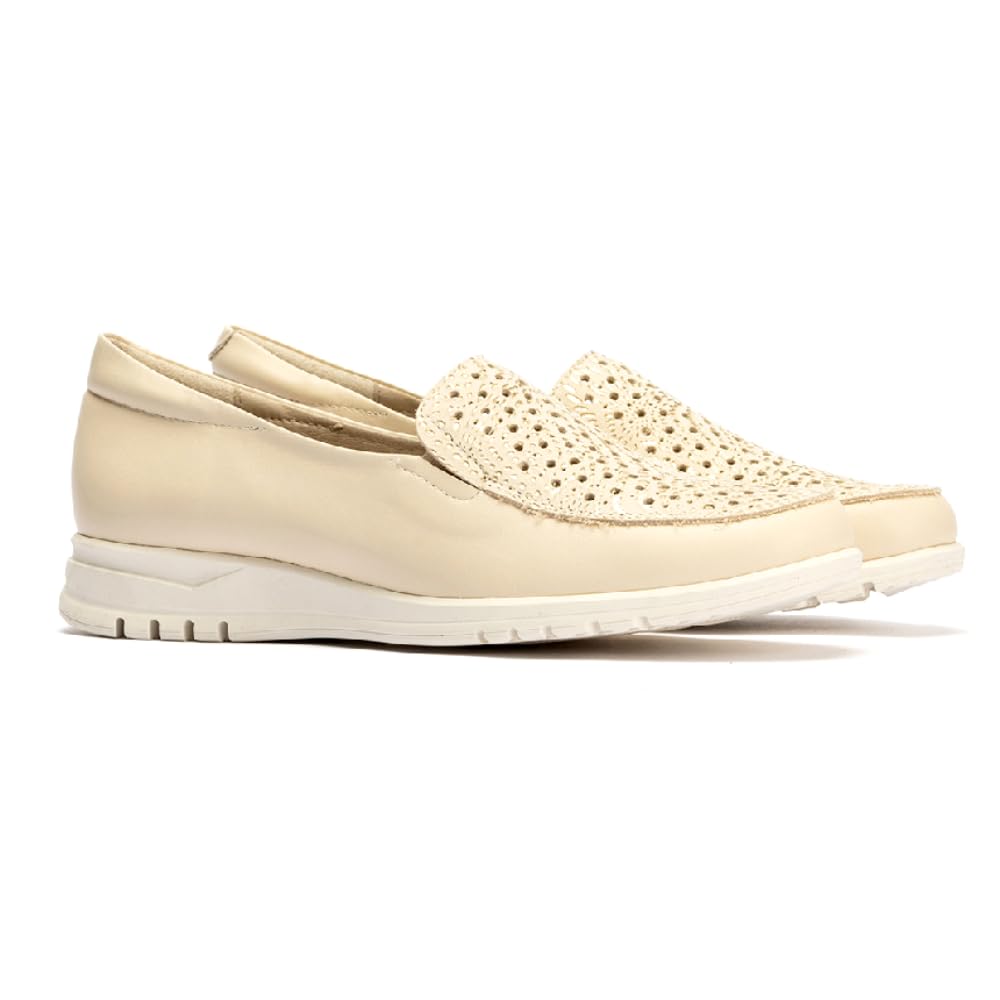 PITILLOS - 2821 Crema - Zapato mocasín de Piel, Calado, con cuña, Suela de Goma, para: Mujer