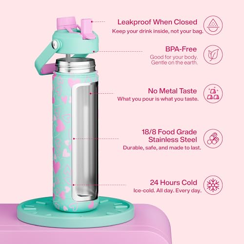 Image of ENCOOL Insulated Water Bottle with Straw Stainless Steel Water Bottle, Leak-Proof, BPA-Free, Keeps Cold for 24 Hours for Sports, Travel, School (26 oz, Sweet Hearts Violet x Mint)